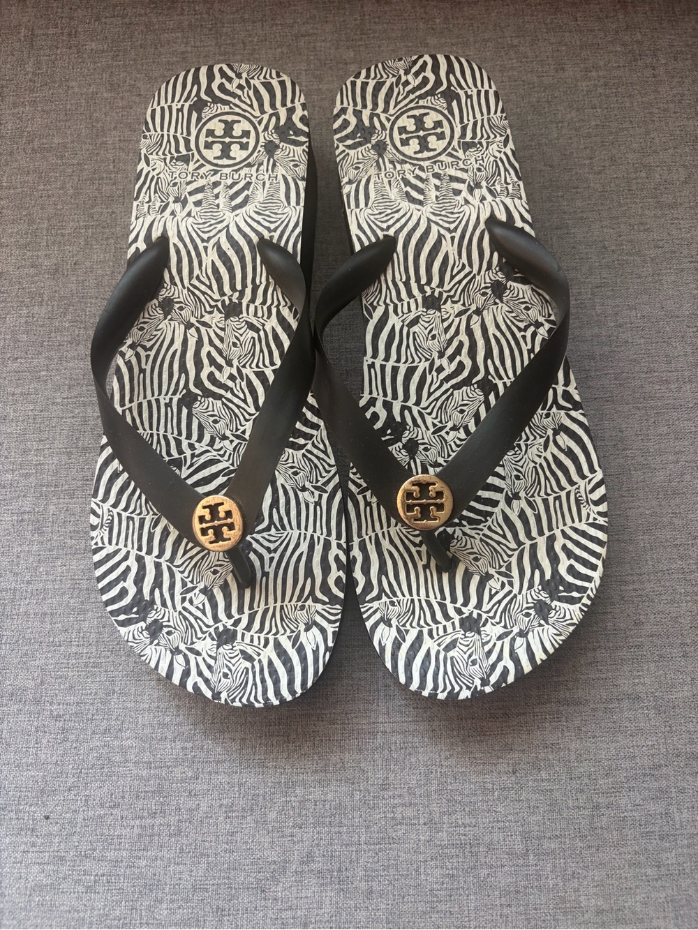 Tory Burch Black and White Zebra-Print Flip Flops with Gold Logo